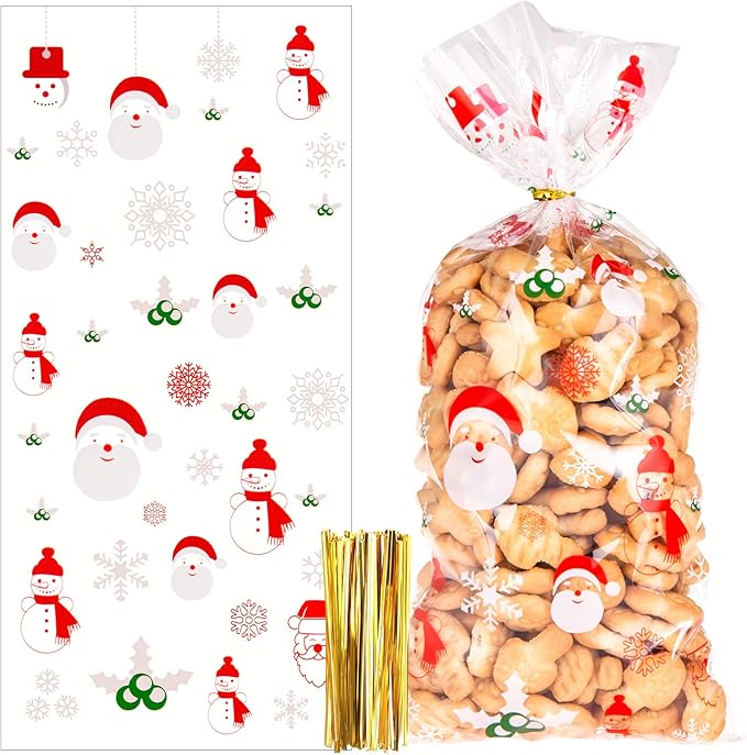100pcs Sacs de Biscuits Bonbons de Noël, Sachets de Transparent en