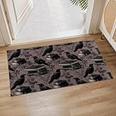 Raven Book Indoor Door Mat, 17x29.5 Inch, Floor Area Rug for Entryway, Living Room, or Bathroom, Non-Slip Doormat, Gothic Crow and Books Vintage Floral Halloween Design Home Decor Rug Gifts