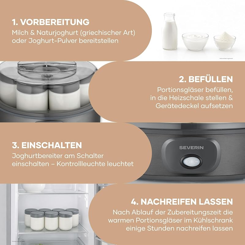 Joghurtbereiter, griechischer Art, inkl. 7 Joghurtgläser á 150ml für 1L selbstgemachten Joghurt, transparenter Deckel, Joghurt-Maschine für zuhause, Kippschalter, 18W, dark inox, JG 3510