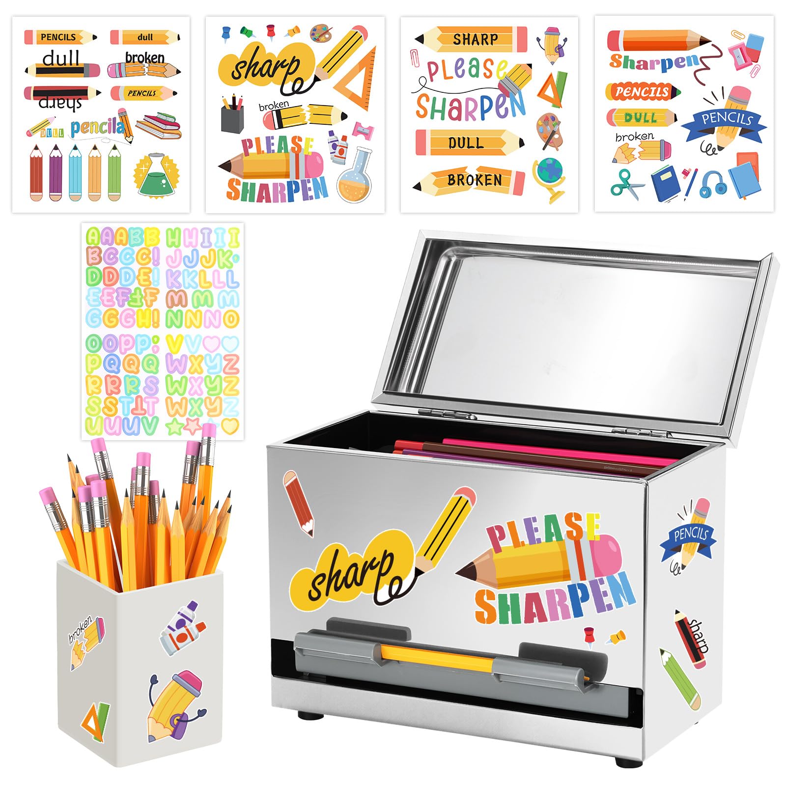 Photo 1 of Pencil Dispenser for Classroom Stainless Steel Pencil Holder for Desk, Pencil Dispenser Set with Silicone Organizer & 5 Stickers, Back to School Classroom Must Haves Teacher Supplies (Silver)