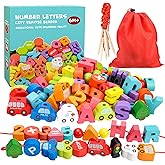 LITTLEFUN Preschool Montessori Wooden Threading Toys with Animals Fruits Number Alphabet Traffic Beads for Kids Toddler - Bes