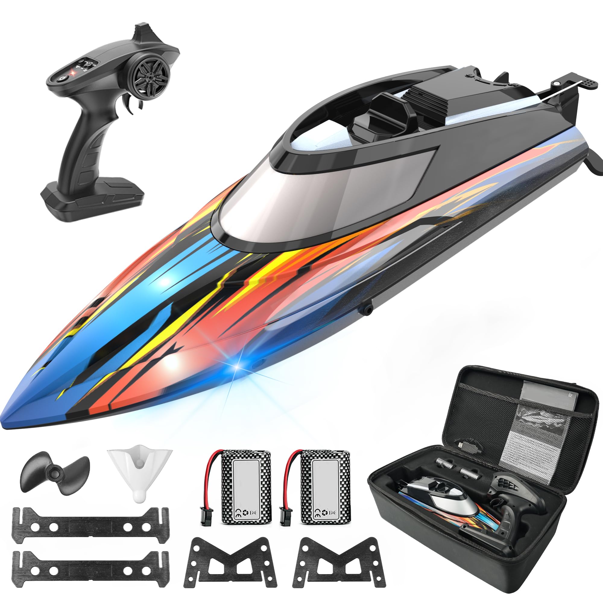 Photo 1 of BEZGAR RC Boat, 14 inch Remote Control Boat - Self-righting, 40 Min Dual-Battery, 32 KPH Fast RC Boats for Kids & Adults with LED Lights for Pool, Lake, Ocean, Waterproof & Suitcase