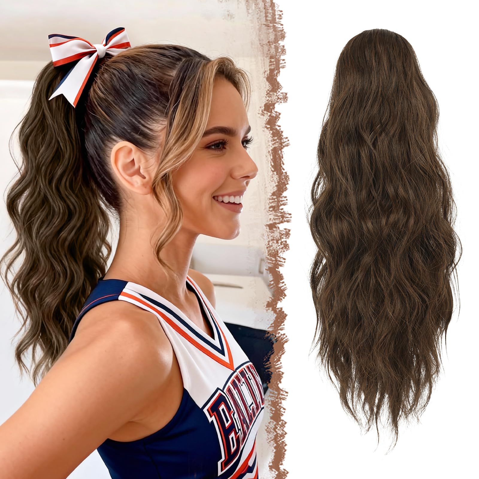 FESHFEN Ponytail Extensions, Drawstring Ponytails Hair Extension Brown & Light Auburn Mixed Long Curly Wavy Hair Piece Synthetic Pony Tail Hairpieces for Women, 18 inch