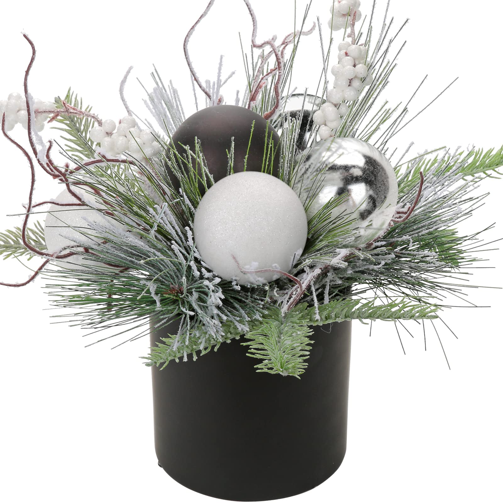 Briful 10" Fake Plants Indoor Mini Christmas Tree Christmas Table Decorations, Frosted Artificial Plants in Ceramic Pot with White Baubles Berry Stems, Christmas Table Centerpieces