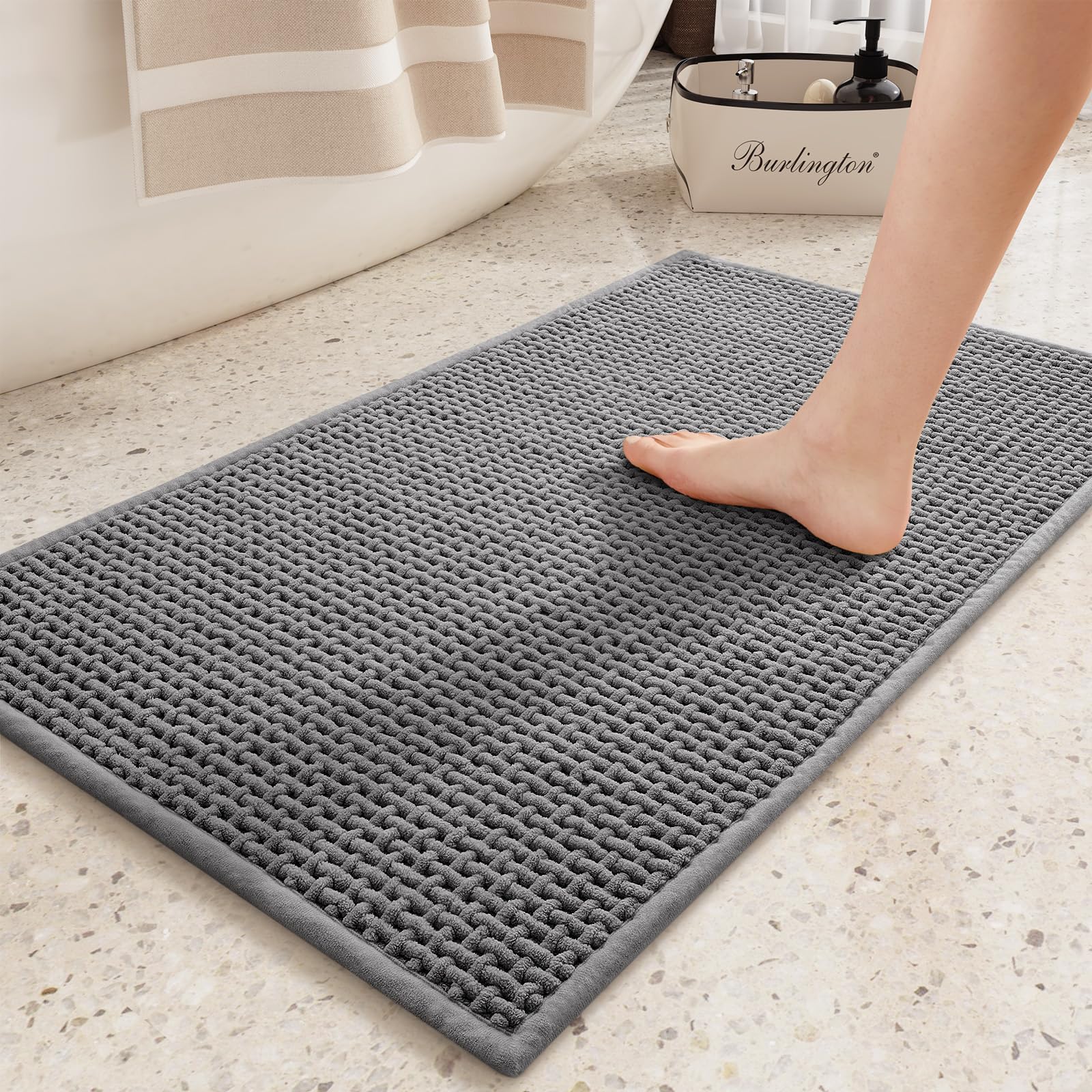 Photo 1 of Color&Geometry Chenille Rubber Backed Gray Bathroom Rugs- Non Slip, Absorbent, Quick Dry, Washable- 17"x29.5" Standard Sized Bath Mat Thin Bathroom Rugs Fit Under Door