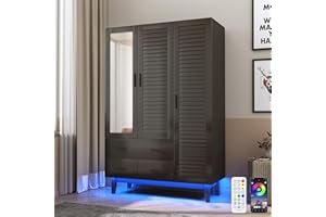 Hlivelood 3 Door Armoire Wardrobe Closet Cabinet with Drawers and LED Lights, Multi-Tier Shelves, Hanging Rod & 3 Louver Doors, Large Capacity Storage Wardrobe Armoire for Bedroom, Black