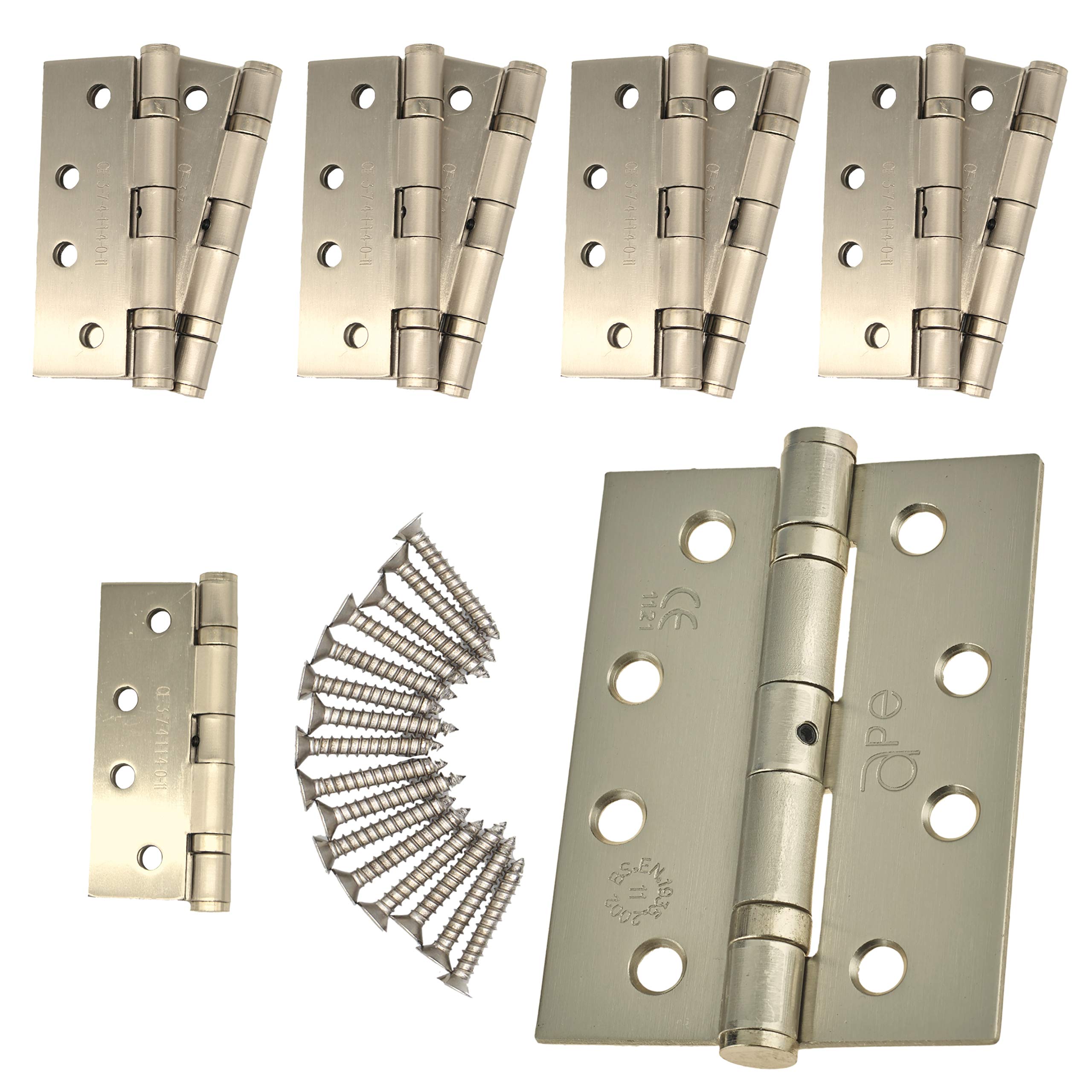 Internal Fire FD60 Door Hinges 4" 102mm Ball Bearing 5 Pair Pack [10 Hinges & Screws] Satin Nickel Plated
