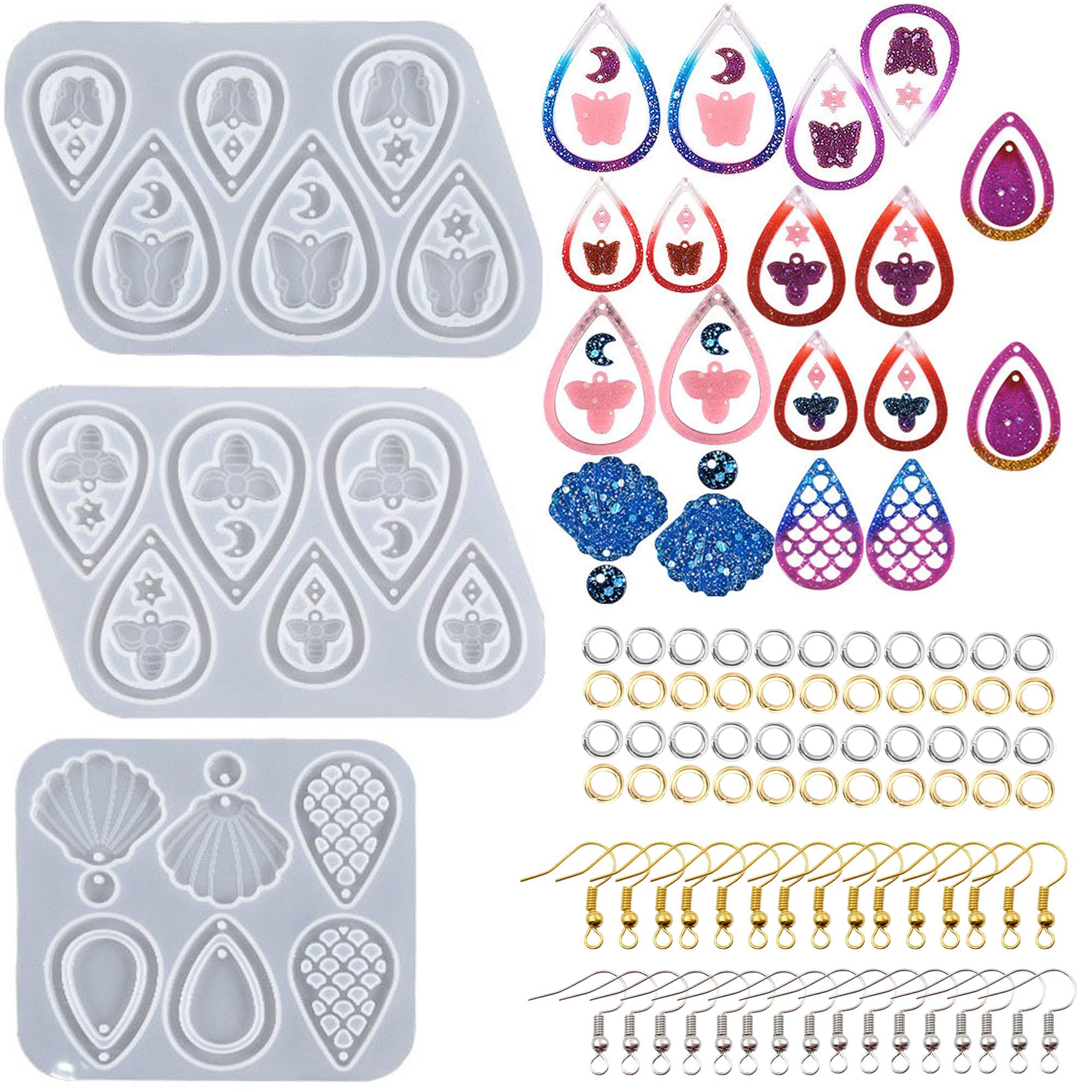Attuslla Set of 3 Earring Resin Moulds Earring Silicone Mould Epoxy Resin Silicone Mould with Ear Hooks, Jump Rings for DIY Earrings, Resin Jewellery, Craft Supplies for Pendants