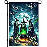 BlissYard Halloween Witch Garden Flag Spooky Yard Banner Full Moon Bats Cauldron And Three Witches Double Sided 12x18 Outdoor House Flag For Lawn Porch Halloween Decoration Scary Seasonal Yard Sign