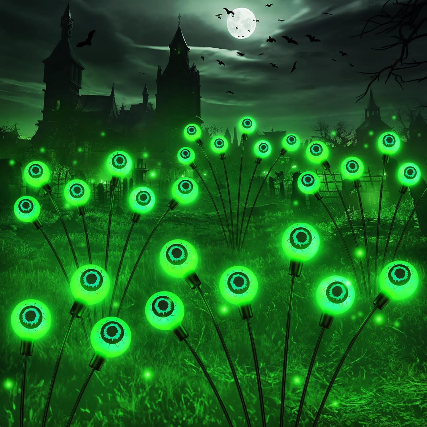 Lighting - 4 Pack Oudoor Halloween Decor, AHAORIGIN 24LED Scary Eyeball Solar Halloween Lights, Larger Swaying Firefly Lights Solar Halloween Decorations Outdoor for Garden Yard Pathway Halloween Party (Green)
