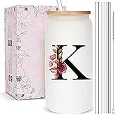 Personalized Gifts for Women, Monogrammed Frosted Glass Tumbler with Straw and Lid, Cute Customized Mug, Custom Initial Iced Coffee Glasses, Customizable Drinking Cup, Birthday Teacher Woman, K