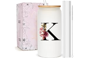 Personalized Gifts for Women, Monogrammed Frosted Glass Tumbler with Straw and Lid, Cute Customized Mug, Custom Initial Iced 