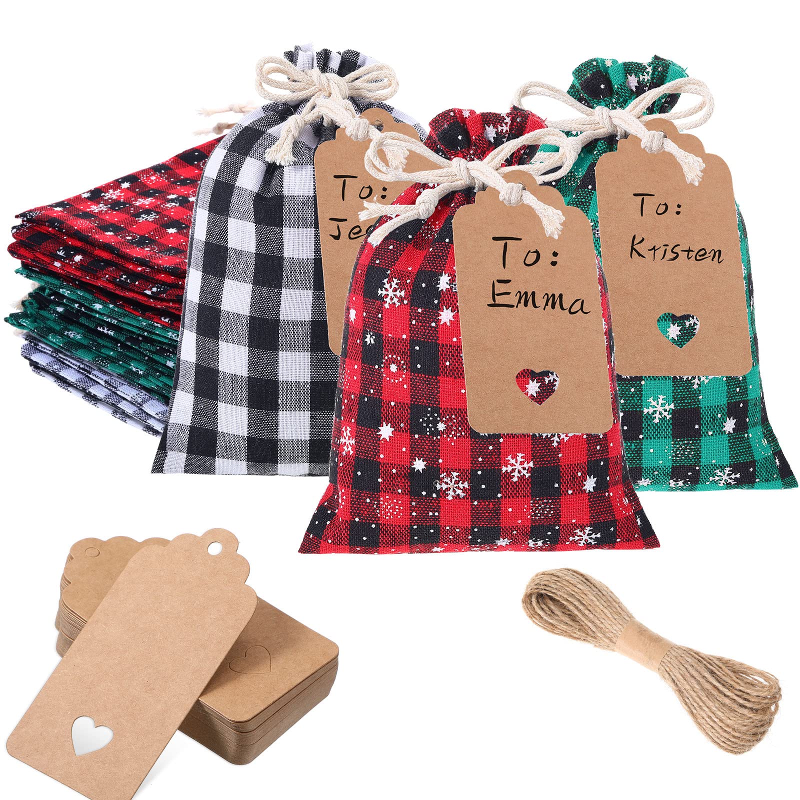 24 Pcs Christmas Drawstring Bags Xmas Buffalo Plaid Burlap Candy Bags Linen Treat Bags with 3.28 ft Rope 24 Card (Mixed Colors,5.5 x 4 Inches)