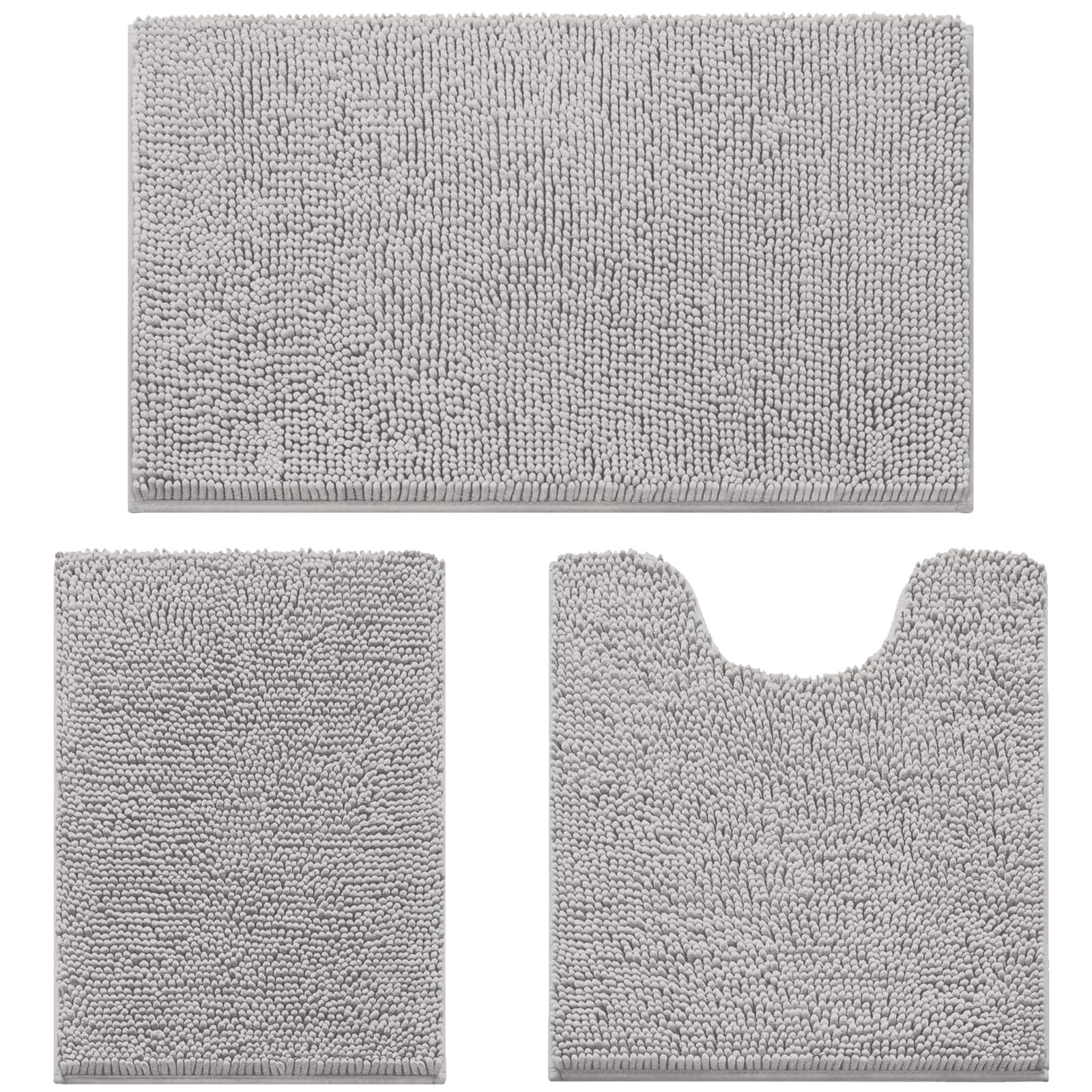 wyewye 3-Piece Chenille Bath Mats - Super Absorbent, Fluffy Shaggy, Non-Slip Bath Rugs for Machine-Washable, Quick-Dry, Light Grey