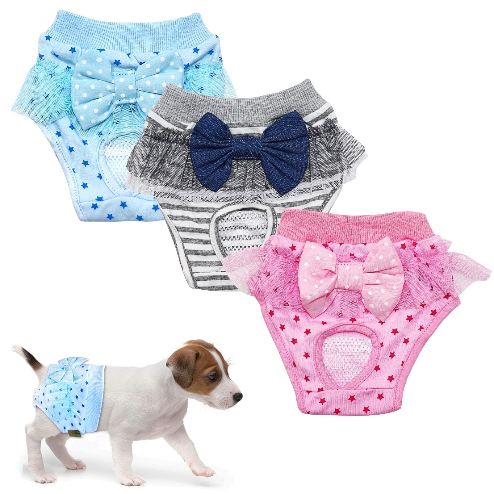3PCS Female Pet Dog Cat Nappies Set, Dog Period Pants, Washable Females Dogs Nappies, Reusable Dogs Nappy, Puppy Sanitary Panties for Female Pet Incontinence