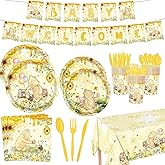 142pcs Classic Bear Baby Shower Decorations Baby Shower Party Tableware with Plates, Napkin, Forks, Cups Banner And Tablecloth for Birthday Party Supplies Set Serves 20 Guests