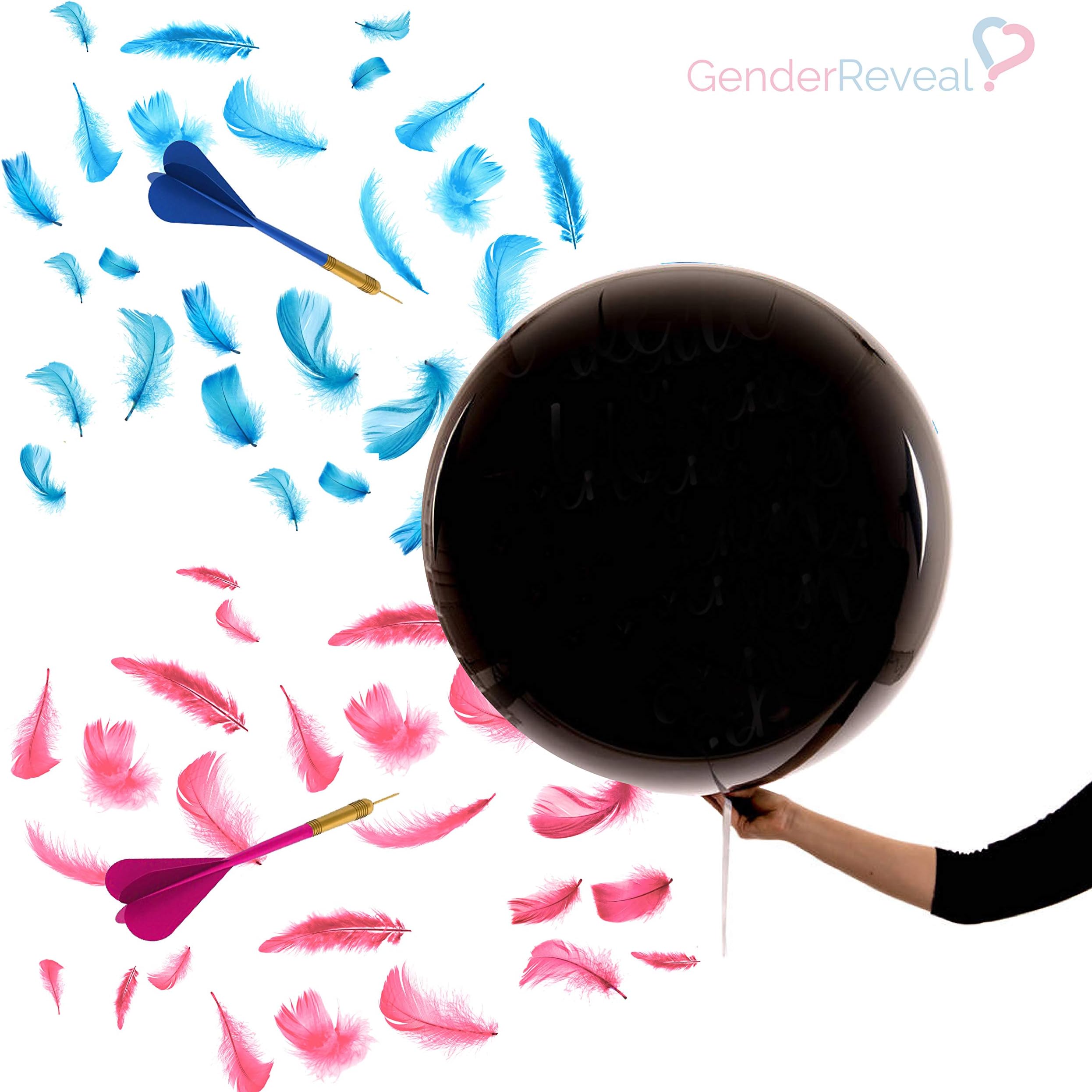 2xGenderReveal KING-SIZE Feathers BIG-BANG - Two 40" Balloons,One Pink Feathers bag, One Blue Feathers bag, and Two Darts - BabyShower Majestic Bang Gender Reveal