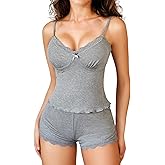 Avidlove Women Cami Pajama Set Sexy Ribbed Knit Sleepwear Soft Lingerie V Neck Lace Trim Short PJ Set Side Slit Nightwear