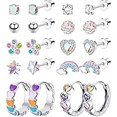 Hypoallergenic Screw Back Earrings for Girls Women Surgical Steel Earrings Cute Girls Earrings Set For Sensitive Ears10 Paris Colorful CZ Flower Butterfly Stud Hoop Earrings