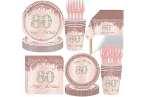121Pcs 80th Birthday Party Supplies Plates Napkins Cups Forks Tablecloth Rose Gold Happy 80th Birthday Themed Disposable Tabl
