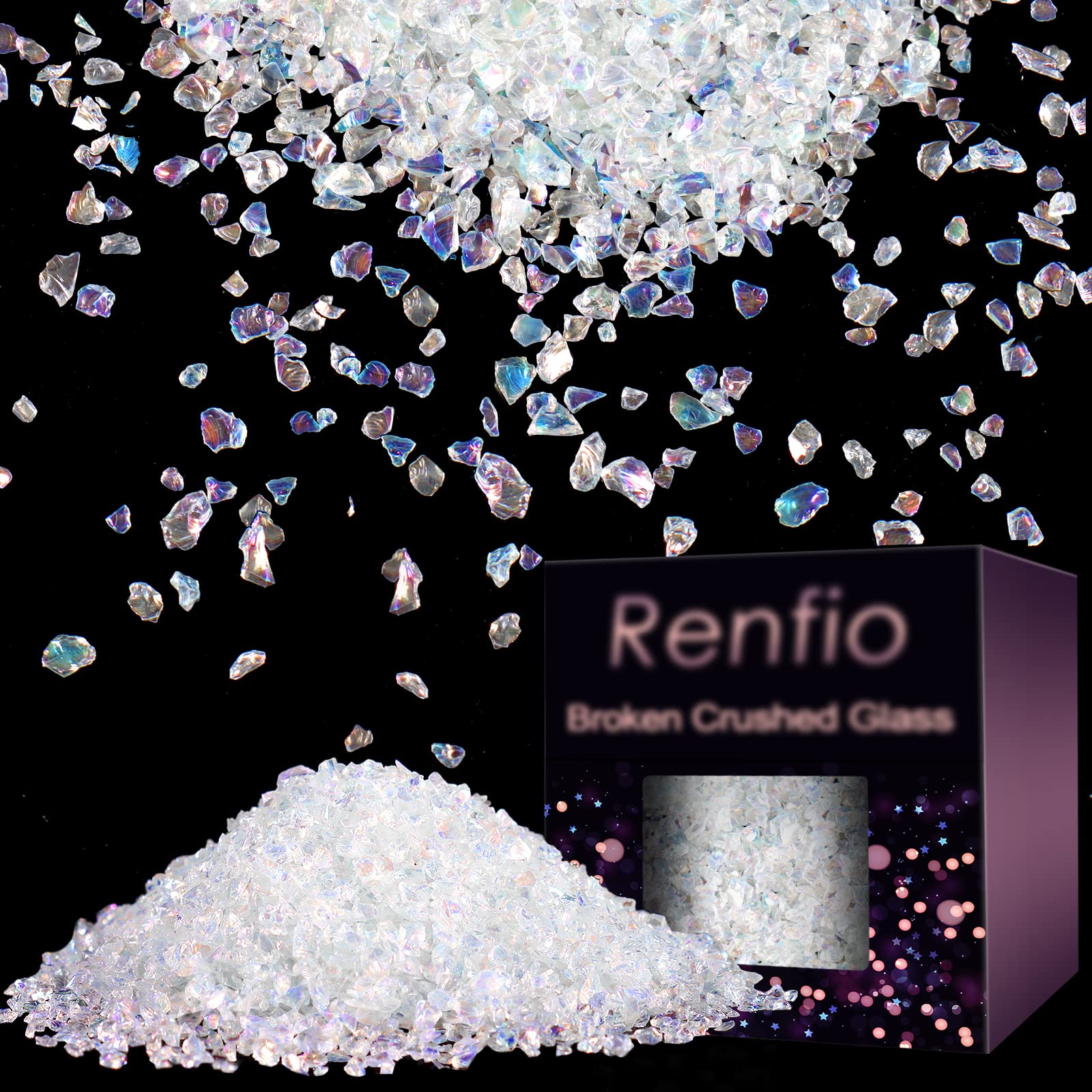 Renfio Broken Crushed Glass Glitter Shards Crush 2-4mm Irregular Small Metallic Chunky Chips 3.5 Oz (100g) High Luster Craft Sequins Gravel for DIY Phone Case Geode Resin - Colorful White