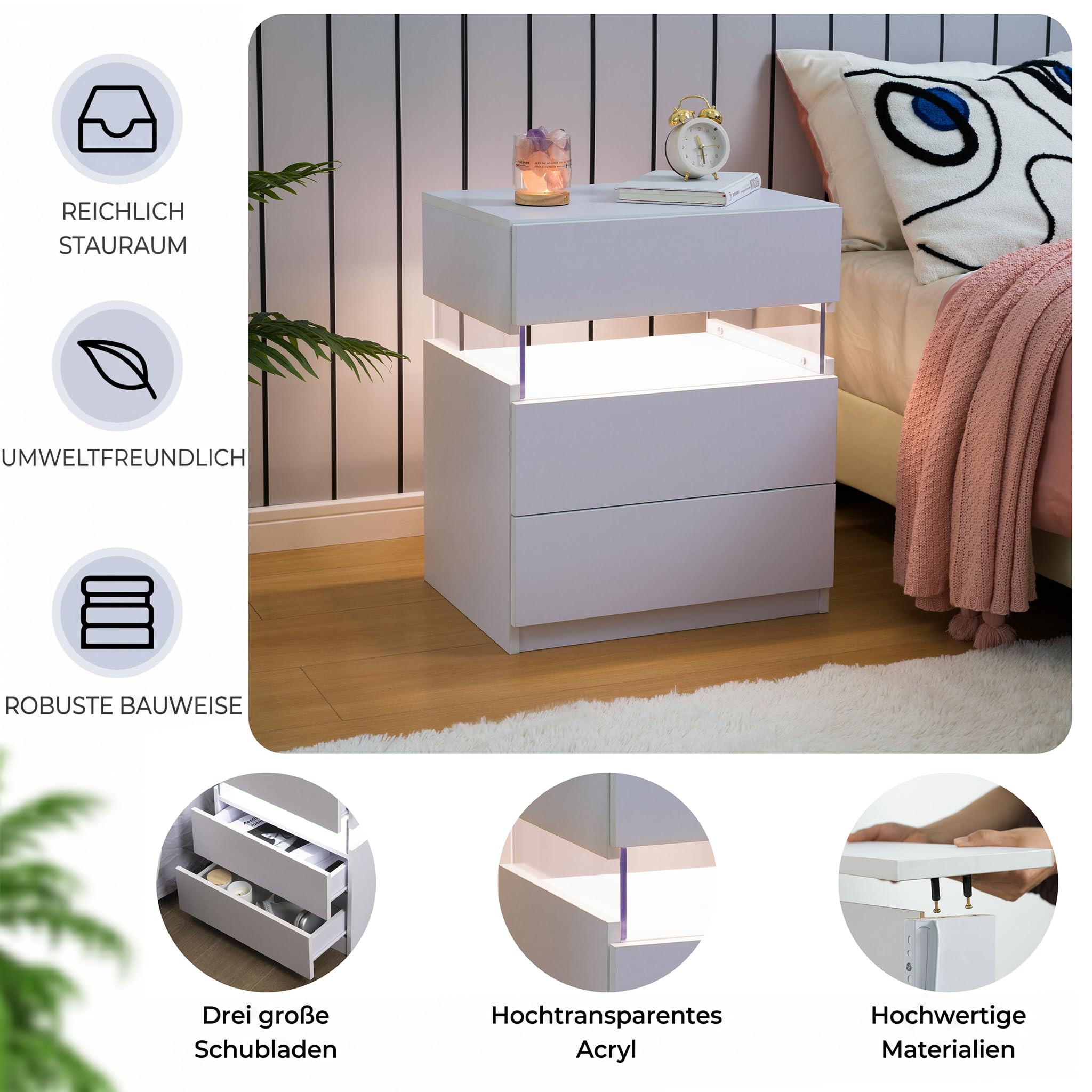 Cubehom Nachttisch 2er Set Weiß Nachtschrank mit 3 Schubladen Beistellschrank Nachttisch mit LED-Beleuchtung für Schlafzimmer, Weiß 5