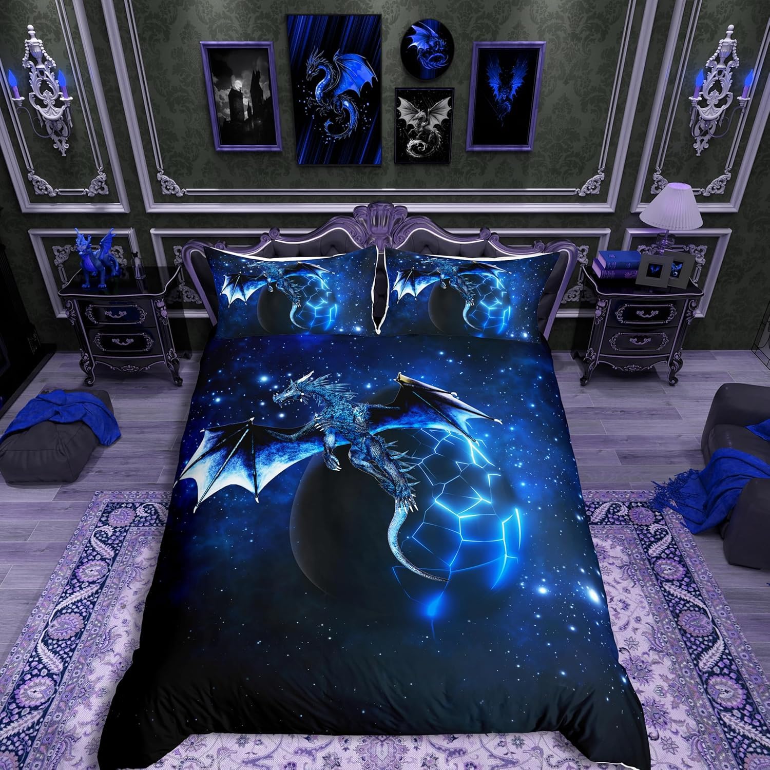 Loussiesd Galaxy Dragon Duvet Cover Kids Chic Outer Space Starry Sky Bedding Set Jungle Animals Dragon Bedding & Linen for Boys Children Teens Blue Black Bedspread Cover Super King — image 1