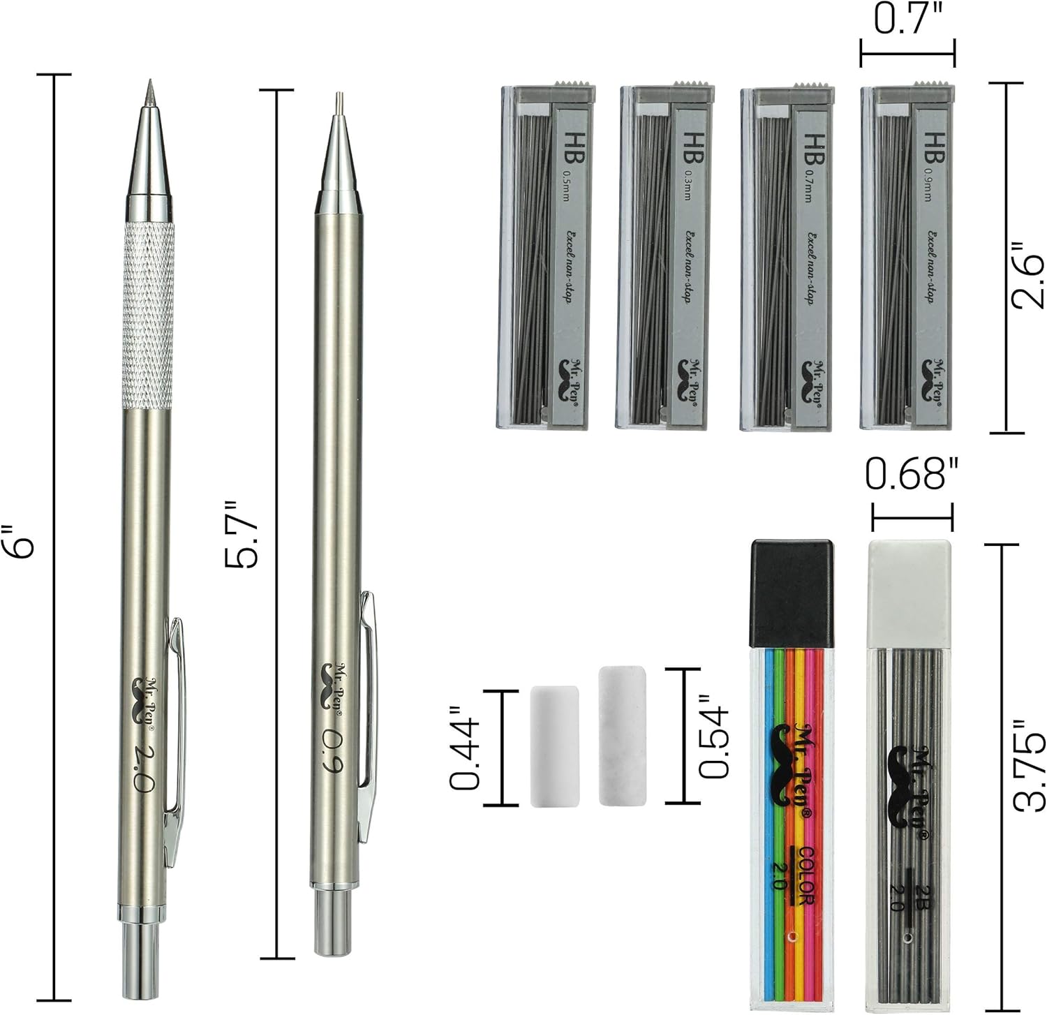 Mr. Pen- Metal Mechanical Pencil Set with Lead and Eraser Refills, 5 Sizes, 0.3, 0.5, 0.7, 0.9, 2mm, Drafting, Sketching, Architecture, Drawing Mechanical Pencils, Metal Mechanical Pencils : Office Products