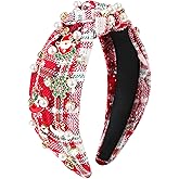 Gmmidea Christmas Plaid Headbands for Women Jeweled Xmas Knotted Headband Pearl Rhinestone Red Green Plaid Hairband Festive Christmas Headpiece Xmas Outfits Accessories