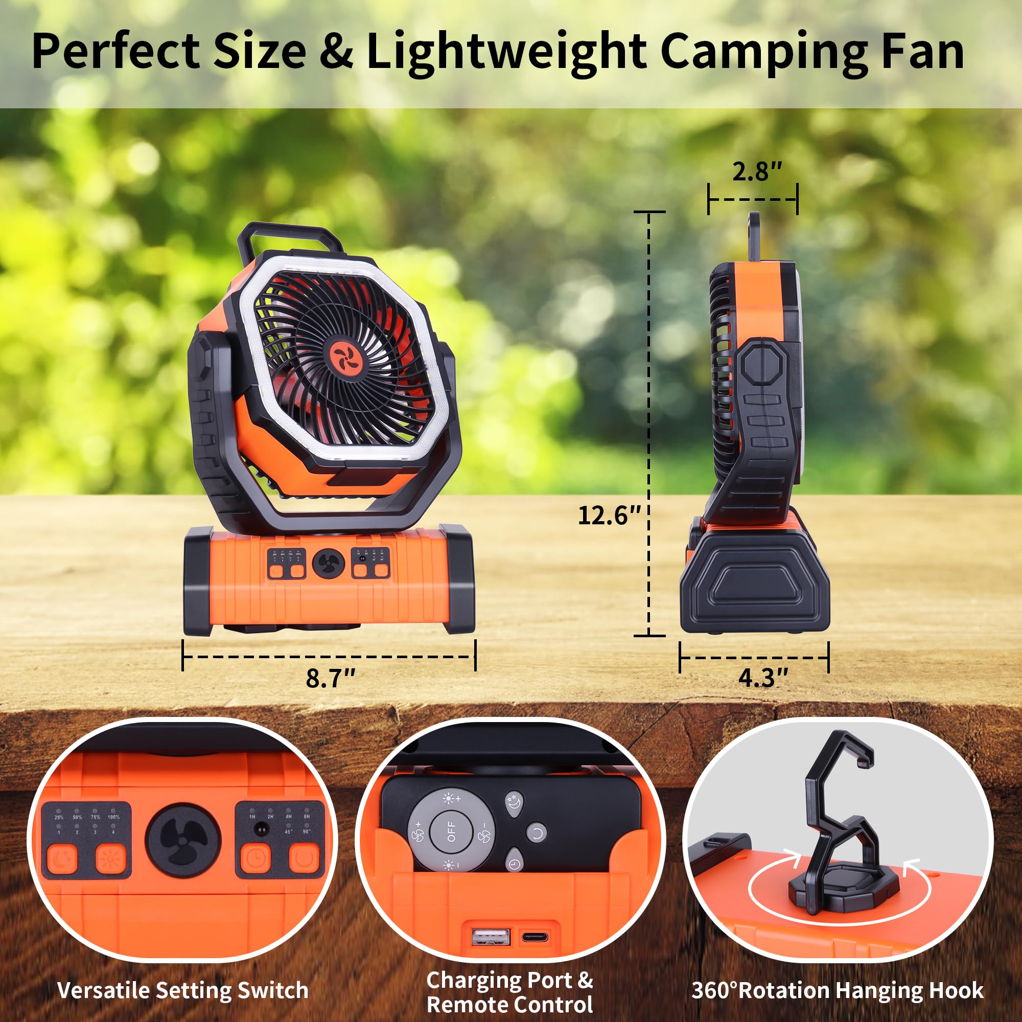 TDLOL 20000mAh Camping Fan Battery Operated,Portable Rechargeable Battery Powered Fan with LED Light,360°Oscillating & 8H Timer Portable Camping UEssentials Fans with Hook