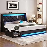 Rolanstar Queen Bed Frame with LED Lights and Charging Station, PU Leather Bed with Drawers, Wooden Slats, Noise Free, Easy Assembly, Black
