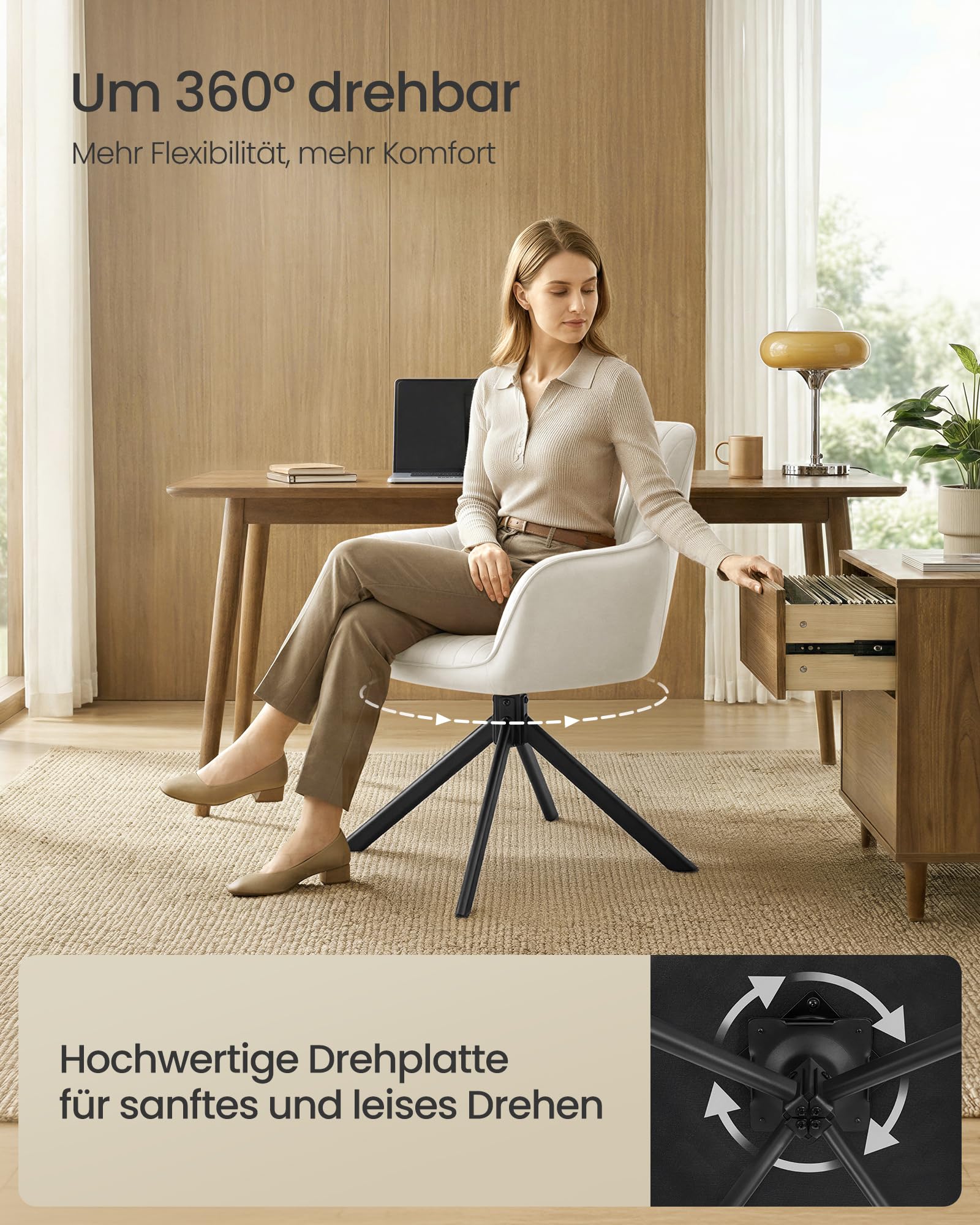 SONGMICS Esszimmerstuhl, bis 120 kg belastbar, Küchenstuhl, Sessel drehbar, Samt, Polsterstuhl mit Armlehnen, Stahlbeine, für Esszimmer, Küche, cappuccinobeige-tintenschwarz KDC161LH01V2 3