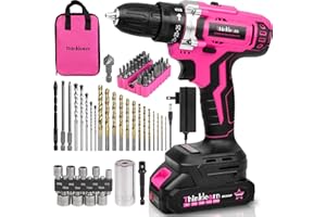 THINKLEARN Pink Cordless Drill Set, 20V Lithium-ion Power Drill Set for Women with 67Pcs Driver Bits, 3/8"Keyless Chuck, 25+1 Position, 2.0Ah Battery, Charger and Storage Bag Included