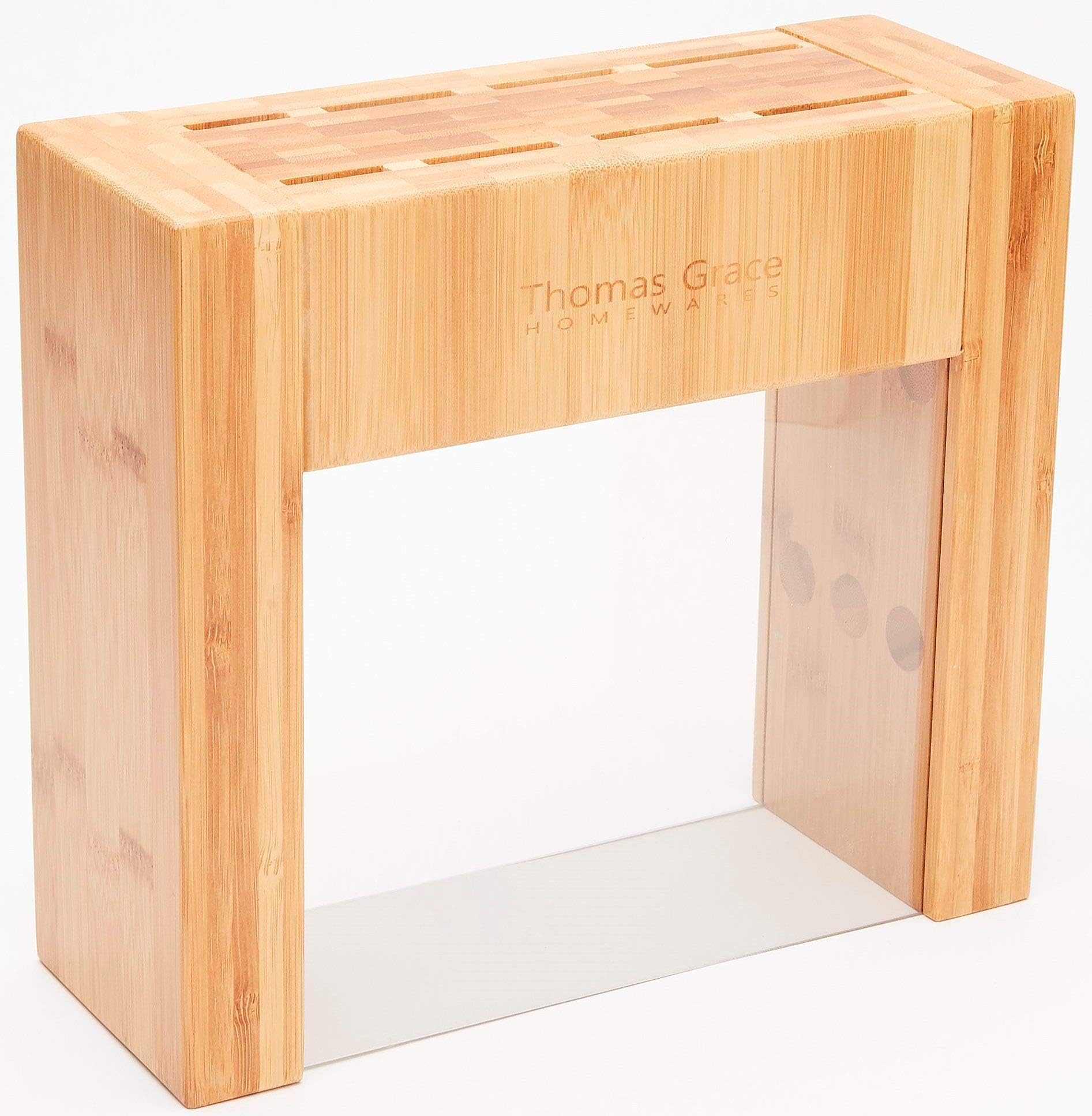 Bamboo Knife Block with Magnetic Sides- Thomas Grace Homewares Universal Kitchen Knife Block Organizer Holds Variety of Sized Knives (NOT INCLUDED). (8 Slot Knife Block)