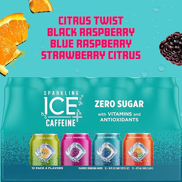 SPARKLING ICE CAFFEINE VARIETY PACK, FLAVORED SPARKLING WATER, ZERO SUGAR, WITH VITAMINS AND ANTIOXIDANTS, 16 FL OZ, 12 COUNT (CITRUS TWIST, BLACK RASPBERRY, BLUE RASPBERRY, STRAWBERRY CITRUS)
