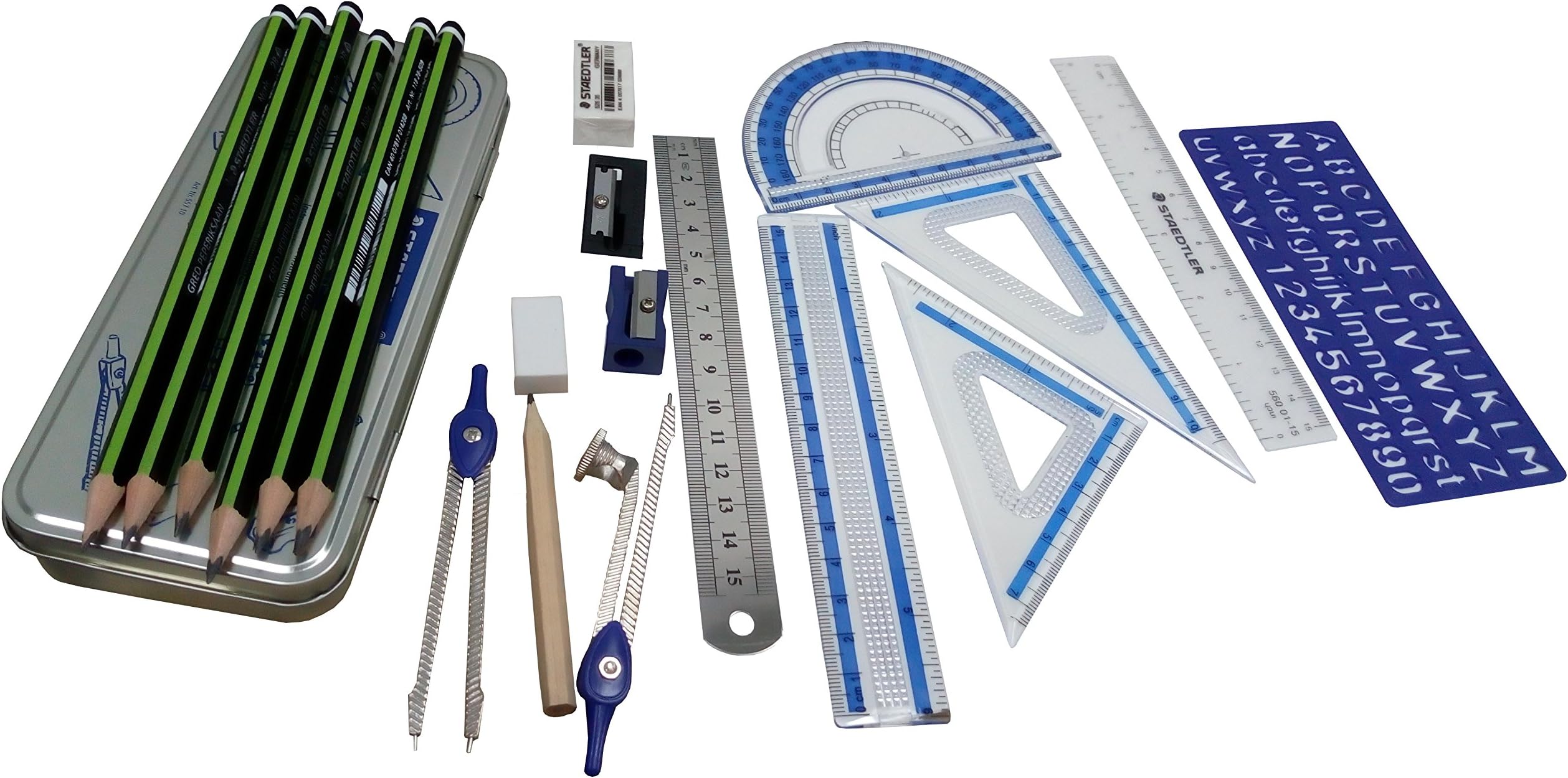 Mathematics Student Bundle, 10 Piece Steadler Geometry Instrument Box, 6 Pencils, Extra Sharpener, Eraser Plus Flexible and Steel rulers. 20 Piece Set