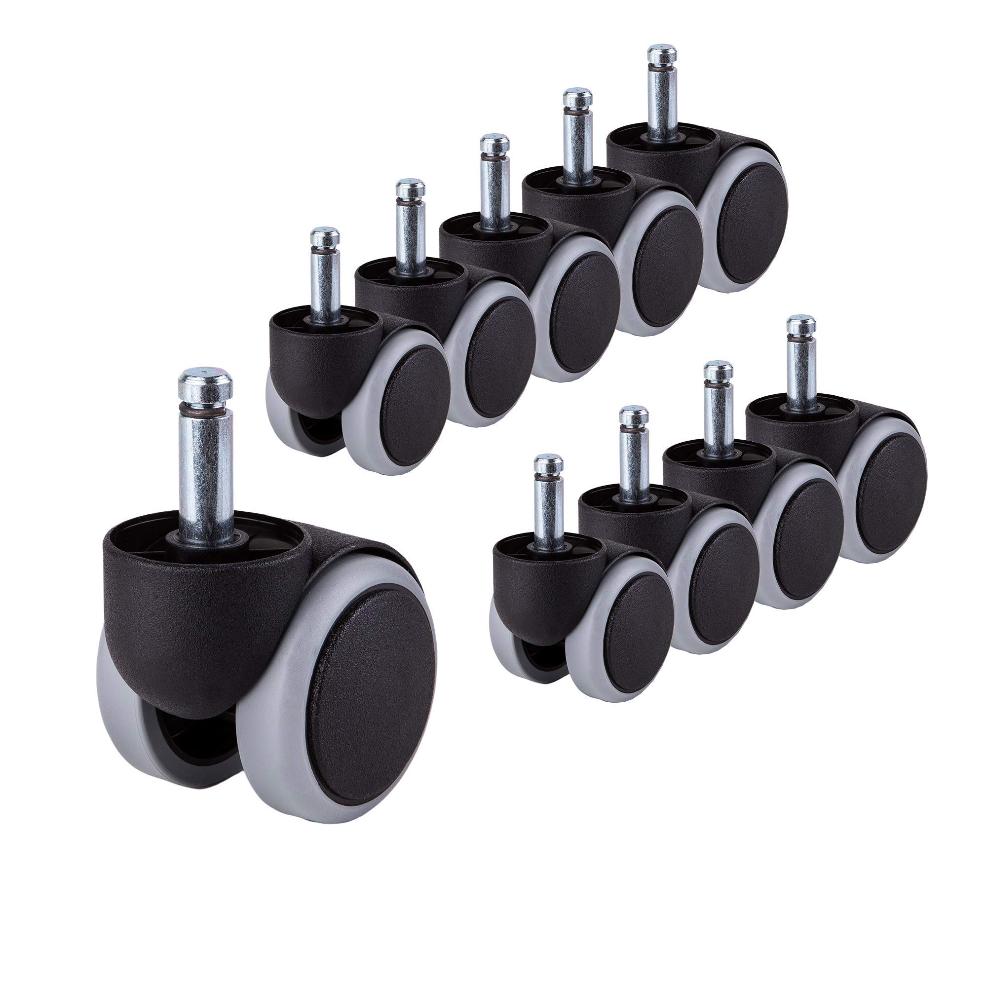 (Pack of 10) 50 mm Rubber Chair Wheels Office Chair Castors Replacement Wheels Twin Castors Swivel Wheels Universal Stems for Replacement Casters No Scratches Long Stem (10, Ø 10 mm)