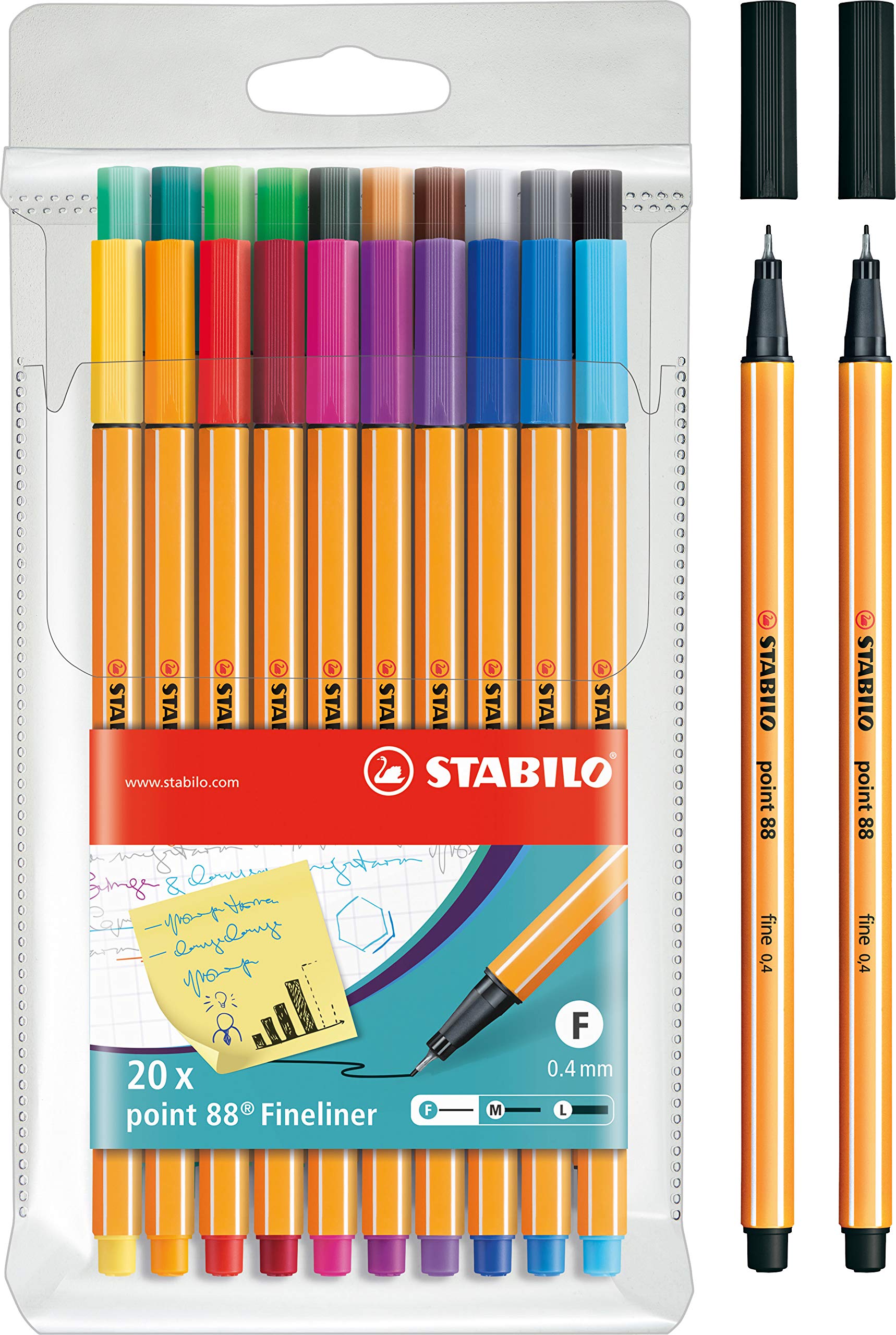 STABILO Point 88 Fineliner Pens Pack of 20 Special Assortments (20 + 2 Pack) Including 2 Extra Point 88 in Black