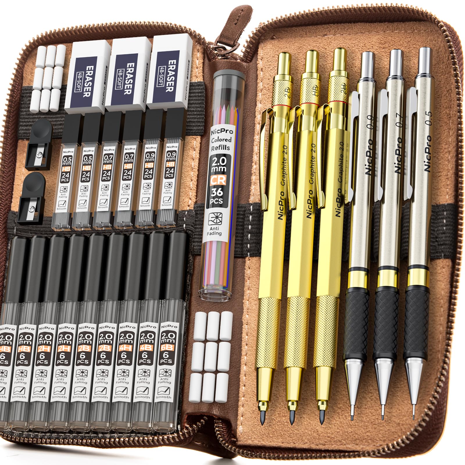 Nicpro 30PCS Art Mechanical Pencil Set in Leather Case, Drafting Pencil 0.5, 0.7, 0.9 mm & 3 PCS 2mm Lead Holders for Sketching Drawing With 16 Tube (6B 4B 2B HB 2H 4H Colors) Lead Refills-Golden