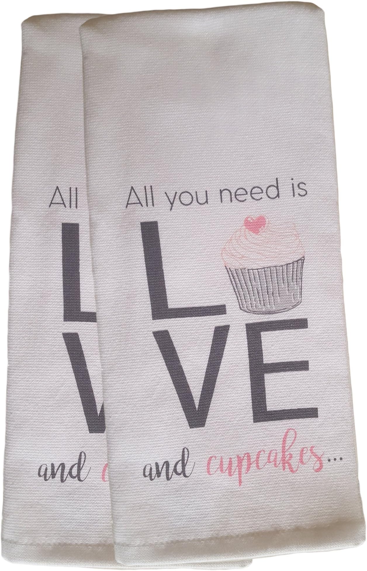 Set of 2 Ultra Absorbent 100% Cotton Kitchen Towels/Dish Cloths (All You Need is Love And Cupcakes)