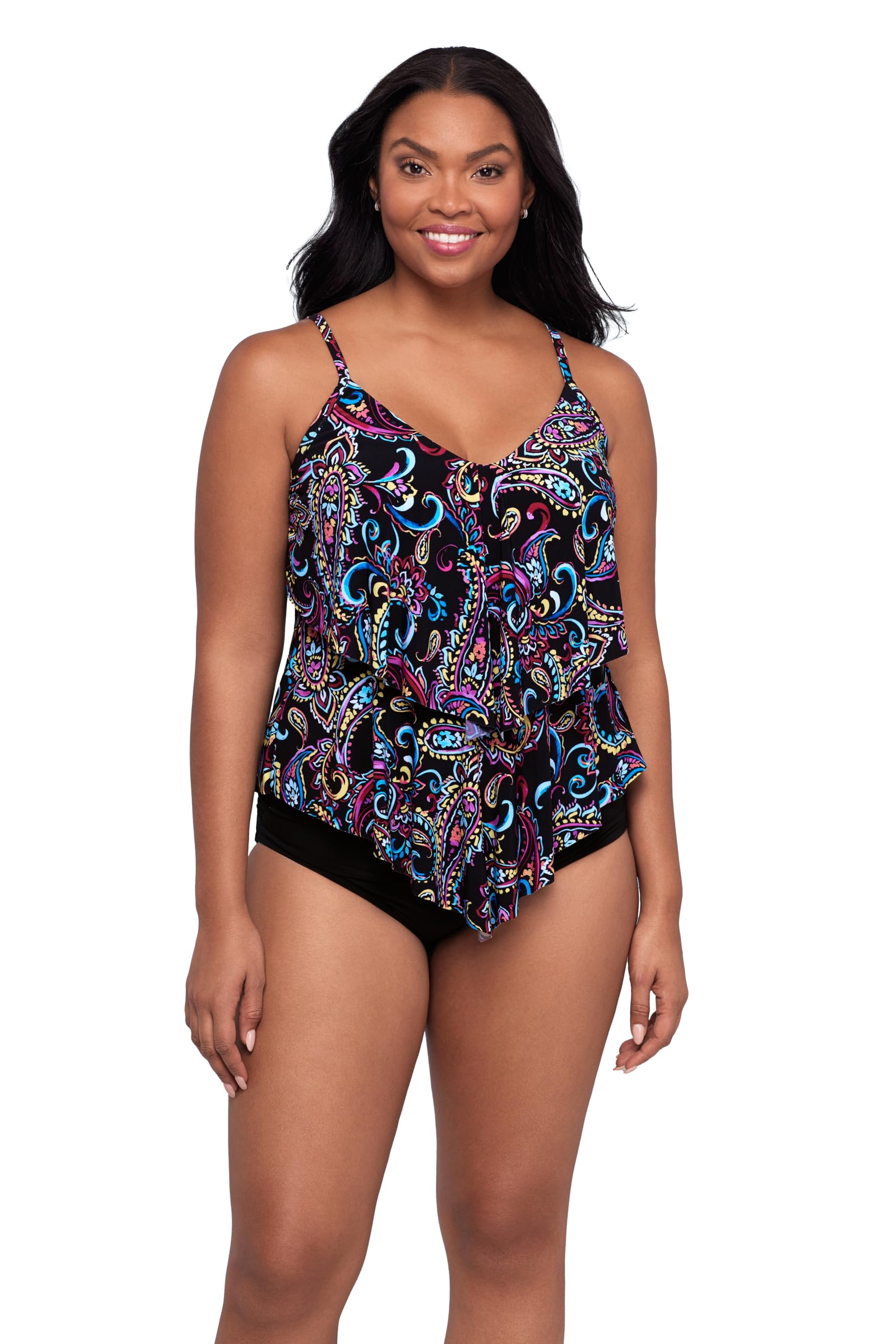 Trimshaper Womens Double Tier Ronnie Swim Tankini Top with Fully Lined Back and Bra Support, Painterly Paisley, 18