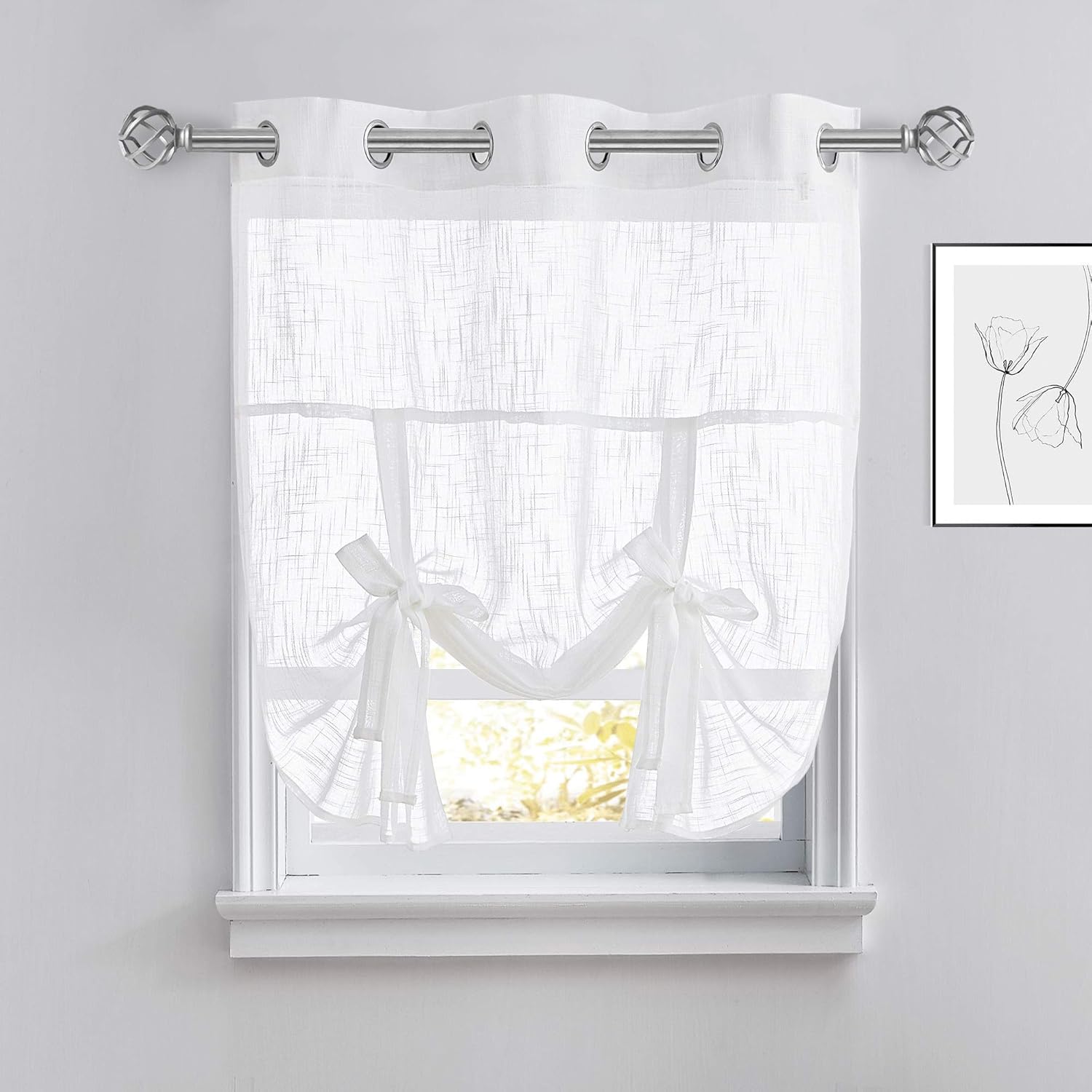 PONY DANCE Tie Up Curtain - Bedroom Window Shade Light Filter Semi-Sheer Roman Shade Drapes Valance Elegant for Home Decoration, 42 x 54 inches, White, Set of 1