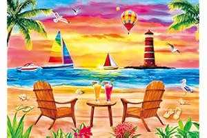 KRIBIN Large Piece 300 Piece Puzzle for Adults Seniors and Kids - Seaside Relaxation - Sunset Lighthouse Beach Chair