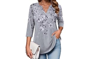 Zeagoo Womens 3/4 Length Sleeve Tops V Neck Tunic Casual Dressy Blouse Floral Printed Shirts