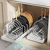 Pull Out Pots and Pans Organizer Under Cabinet, Expandable Sliding Lid Holder and Pan Rack for Kitchen, Slide Out inside Cabinet for Pot Lid, Bakeware, Dishes, 10 Adjustable Dividers, 2 Pack White