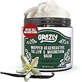 Grazly Whipped Beef Tallow for Skin w/Dead Sea Magnesium, Manuka Honey, Jojoba Oil & Vanilla - Grass Fed Beef Tallow Balm - Body & Face Moisturizer for Dry, Sensitive Skin - 2.5oz