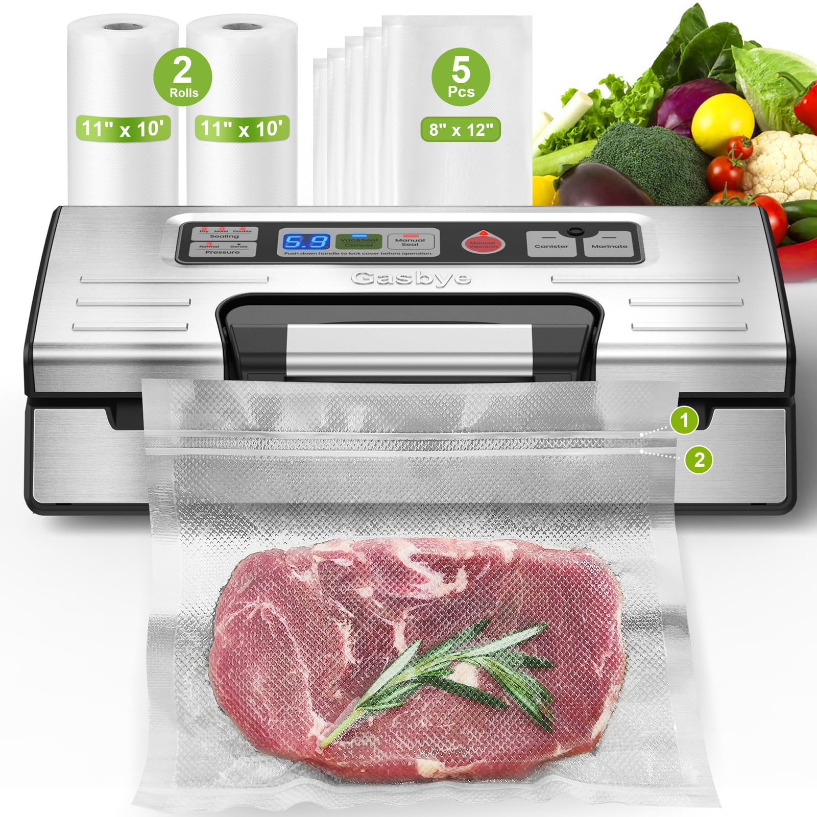 Photo 1 of Gasbye Vacuum Sealer Machine, 95kPa Food Sealer with Double Heat Seal for Dry/Moist Food, Easy-lock Handle, Built-in Bag Storage & Cutter, Progress Display, Removable Drip Tray, Silver