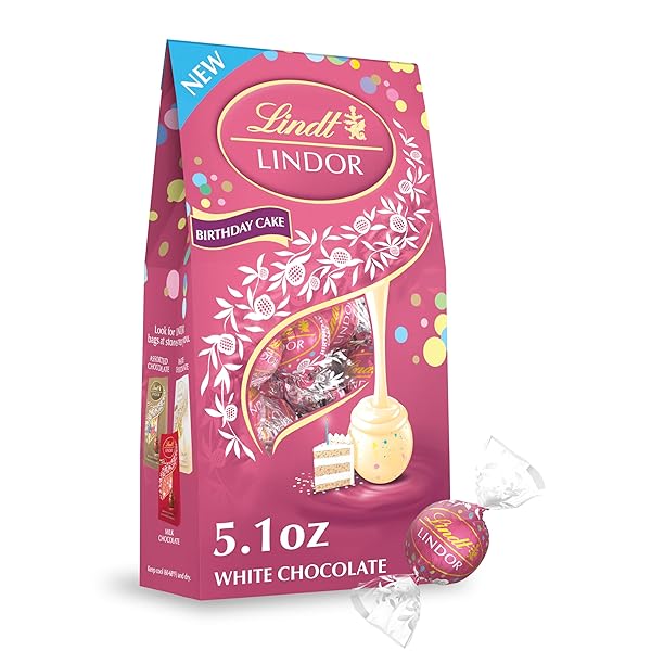 LINDT LINDOR BIRTHDAY CAKE WHITE CHOCOLATE TRUFFLES, WHITE CHOCOLATE CANDY WITH SMOOTH, MELTING TRUFFLE CENTER, 5.1 OZ. BAG