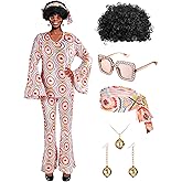Jexine 7 Pcs 60s 70s Disco Outfits for Women Disco Party Costume Set Top Pants Sunglasses Ball Necklace Earring Wig Halloween
