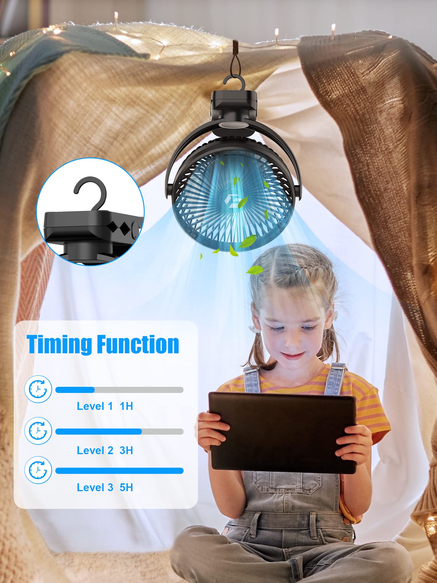 FRIZCOL 12000mAh 8 Inch Portable Clip On Fan Rechargeable, Battery Operated Desk Fan, Camping Fans with lights and Remote, USB Fans Sturdy Clamp for Golf Cart Desk Office Stroller Bedroom Tent